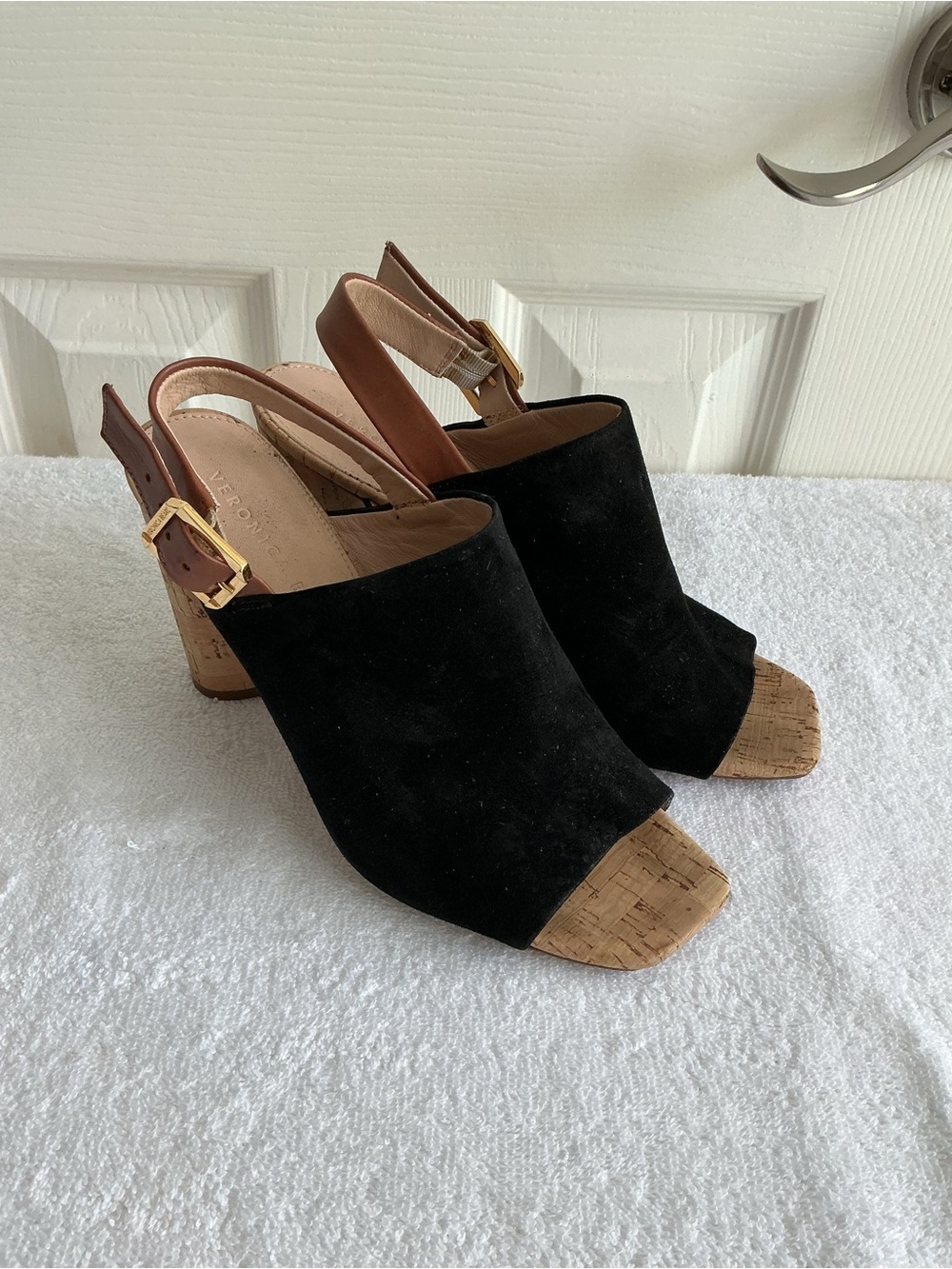 Veronica Beard Black Suede Cork Block Heel Slingback Sandals